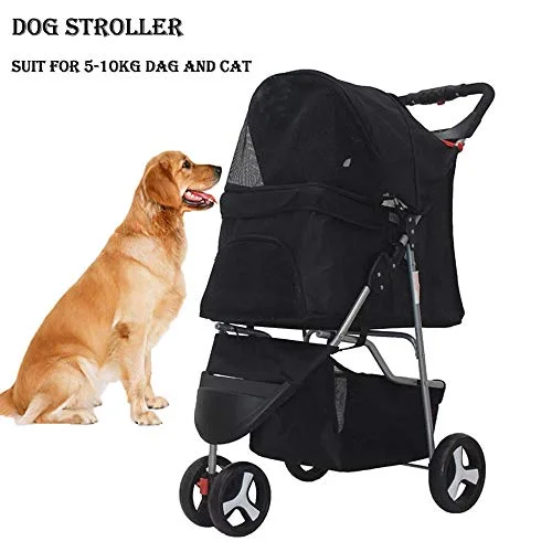 3/4Wheels Pet Stroller, Foldable Dog Cat Stroller Cage Jogging Stroller Travel Carrier Strolling Cart Doggie Stroller with Cup Holder & Storage Basket (Black, 3 Wheels)