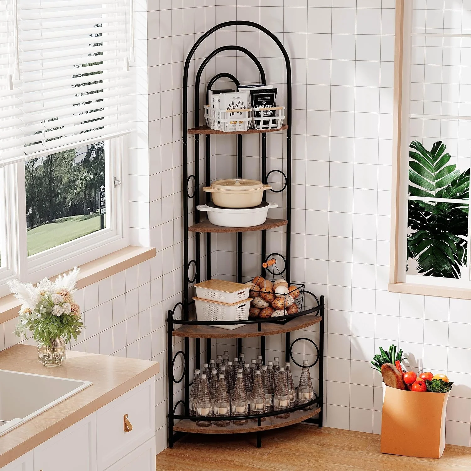 4-Tier Corner Bookshelf, Modern Style Storage Shelves Display Shelf, Plant Stand Shelf with Metal Frame Bookcase Corner Shelf