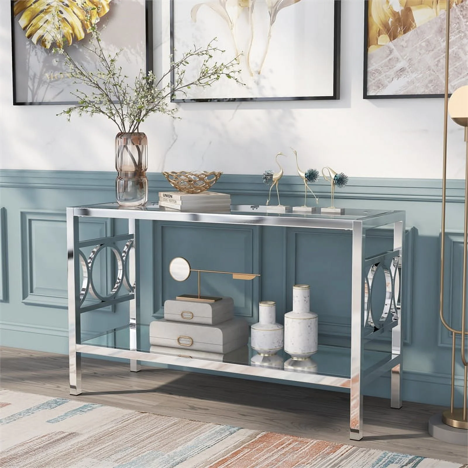 Furniture of America Beller Metal 1-Shelf Console Table in Silver Chrome