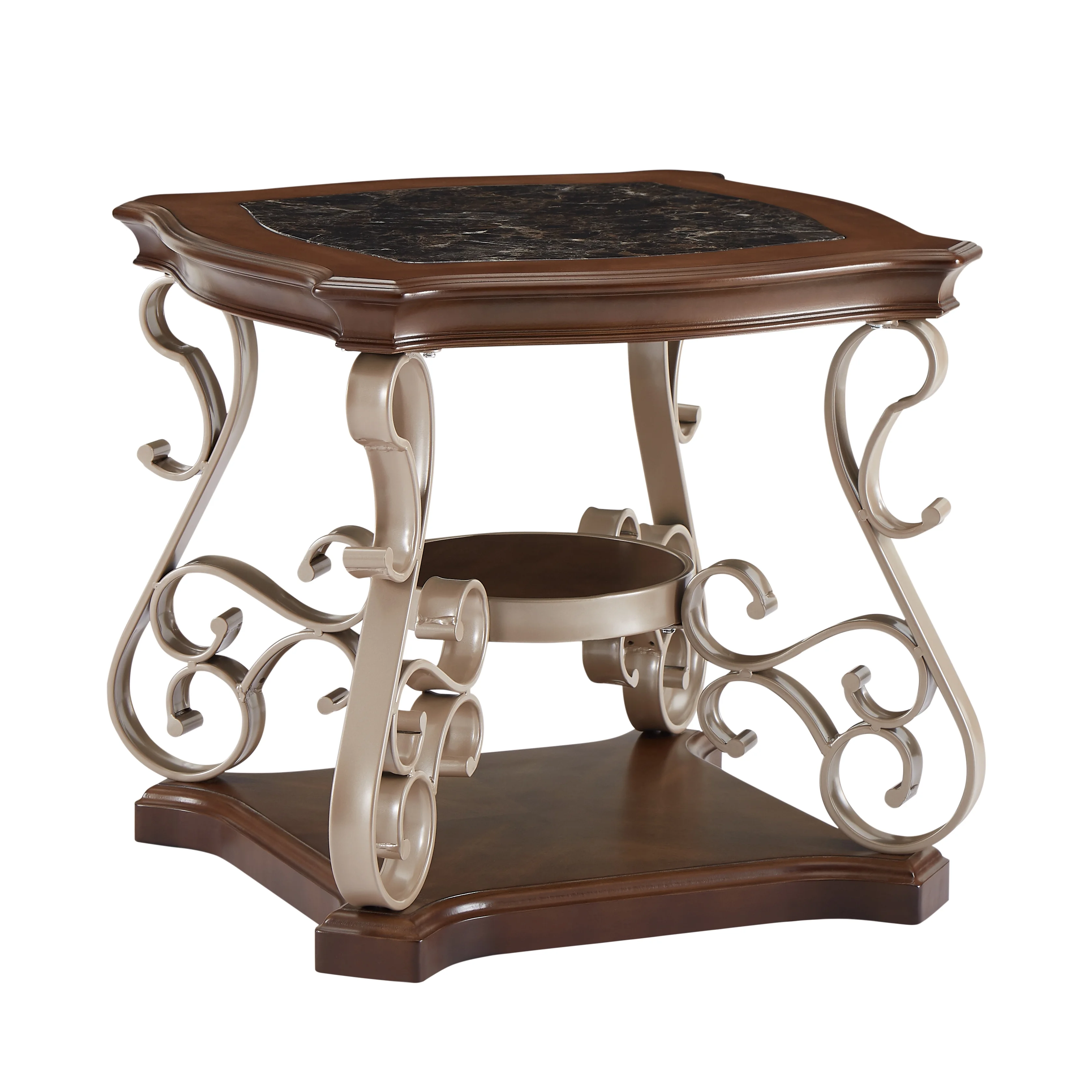 Glavbiku Retro Coffee Table with Marble Top,Champagne Metal Legs End Table,Brown,26.2