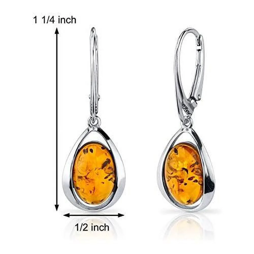 Genuine Baltic Amber Pendant Necklace, Earrings And Bracelet In Sterling Silver, Floating Oval Shape Design, Rich Cognac Color