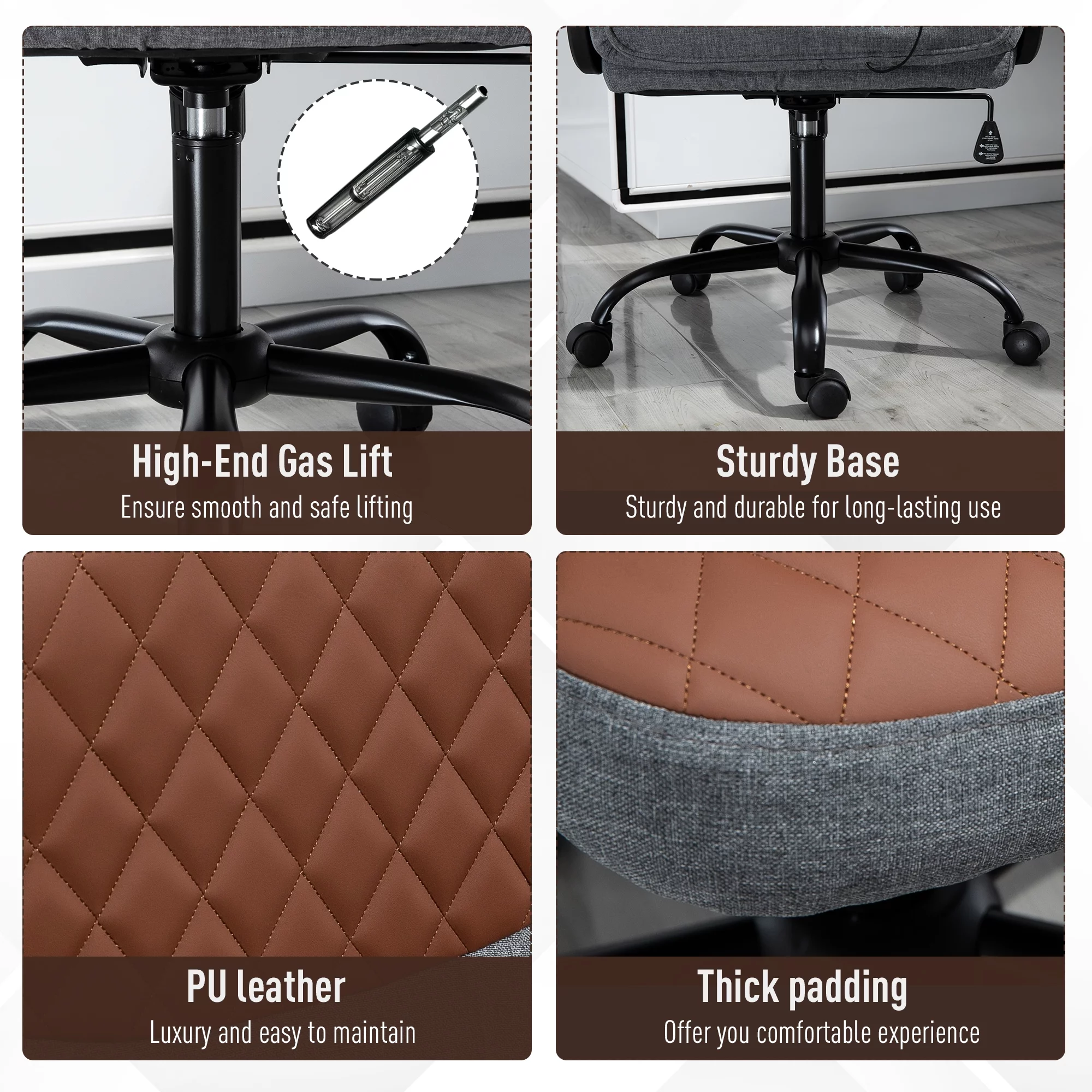 Vinsetto High Back Office Chair with 2-Point Lumbar Massage, USB Power, Faux Leather, and Linen Fabric, Brown and Grey