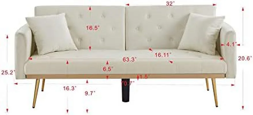 SJOLKMN Modern Velvet 2 in 1 Futon Sofa Bed Convertible Folding Sleeper Bed Couches with 2 Pillows 73" Tufted Recliner Love Seat with Golden Chrome Legs for Living Room Apartment Offi
