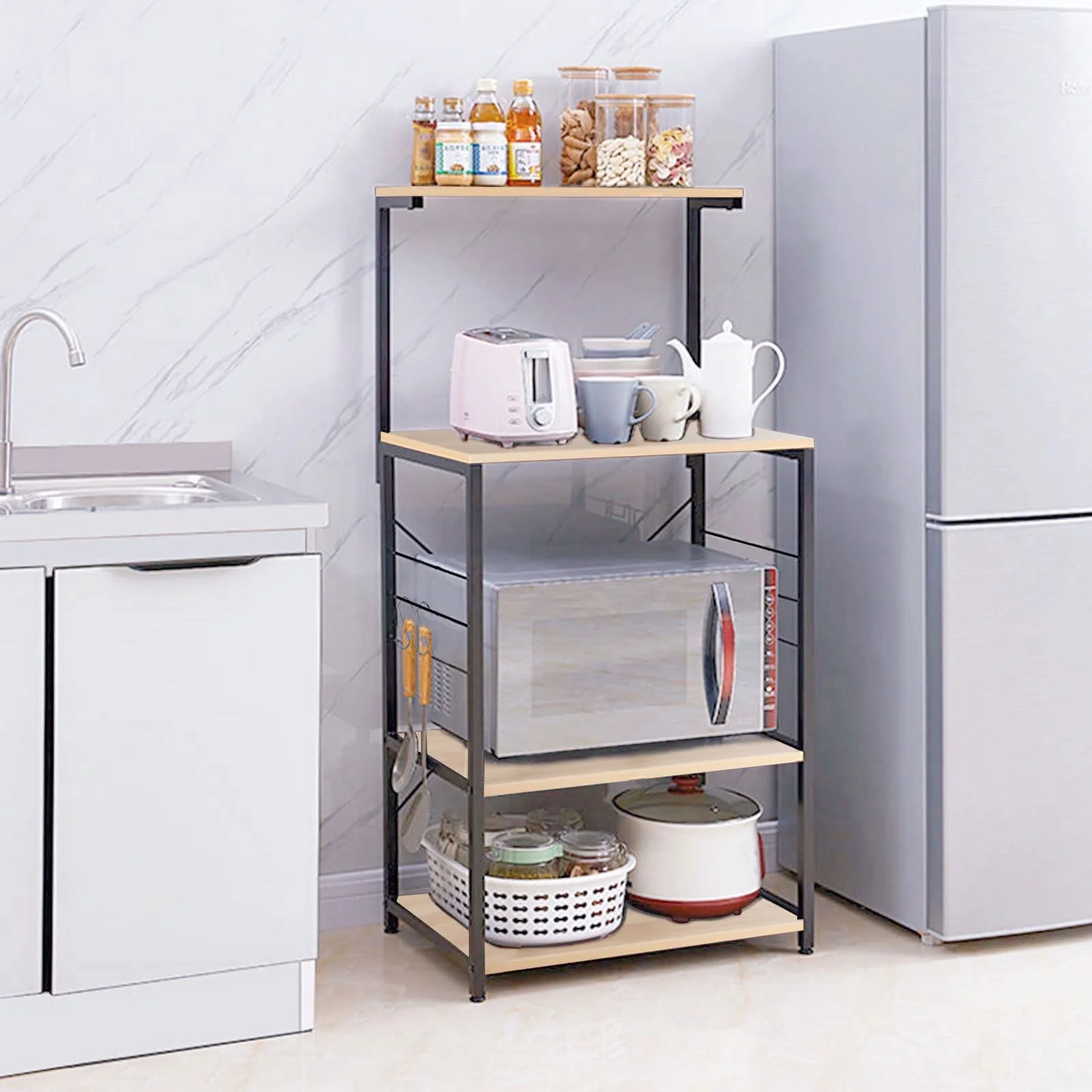 4 Tier Standing Baker's Rack, Microwave Oven Stand with 4 Hooks, Coffee Station, Utility Kitchen Storage Shelf for Spices/Pots/Pans (Oak, 23.6