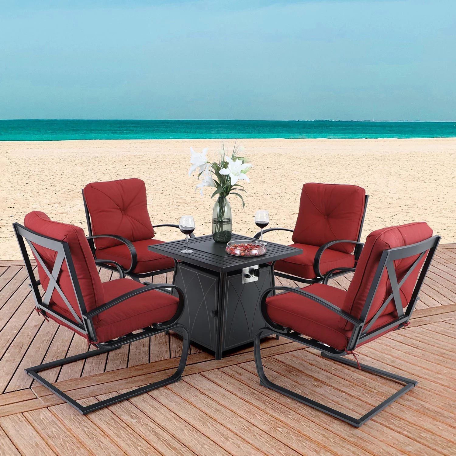 Sophia&William 5-Piece Patio Dining Set Padded C-Spring Chairs & 50,000BTU Fire Pit Table Set