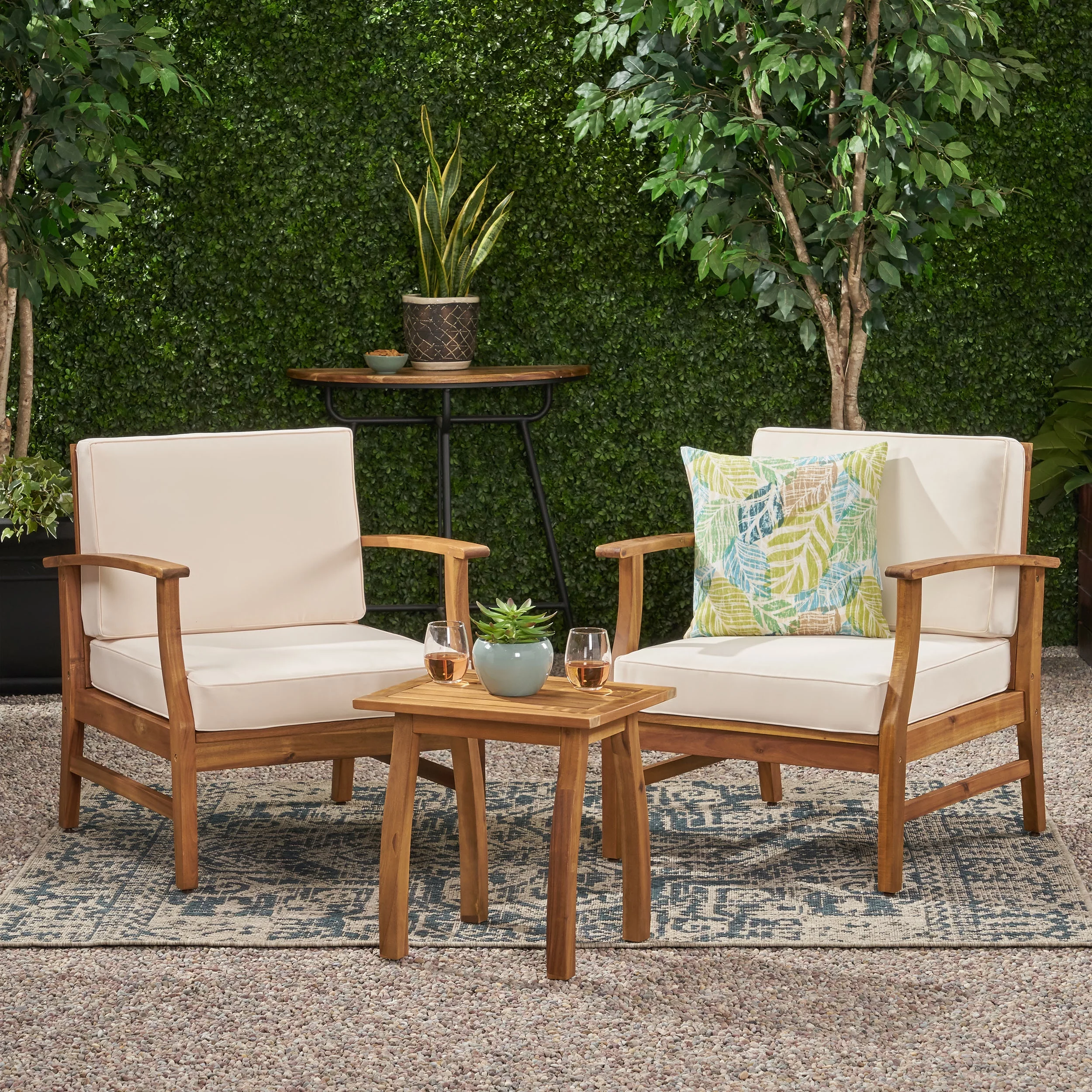 GDF Studio Pearl Outdoor 2 Seater Acacia Wood Chat Set with Cushions, Teak and Cream