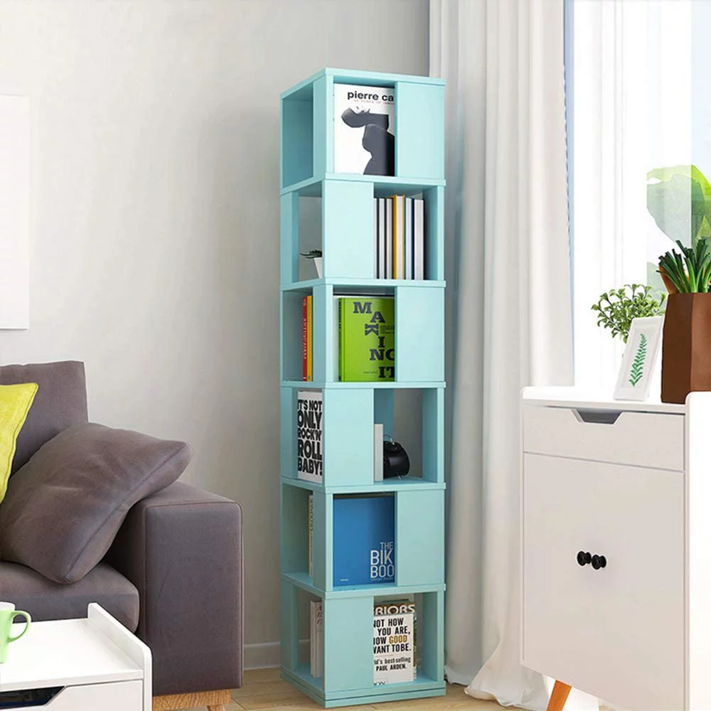 6 Tier Open Storage Swivel Bookcase Revolving Bookshelf 360° Rotating Wood Bookshelves, Free Standing Book Shelf Storage Display Rack Rustic for Bedroom, Living Room, Home Office,Blue