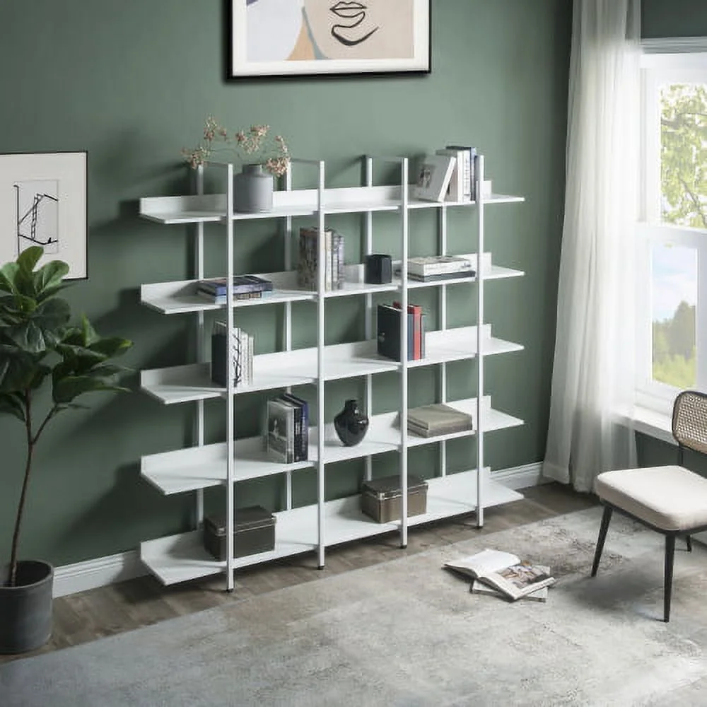 5 Tier Bookcase Home Office Open Bookshelf, Vintage Industrial Style Shelf with Metal Frame, MDF Board,White