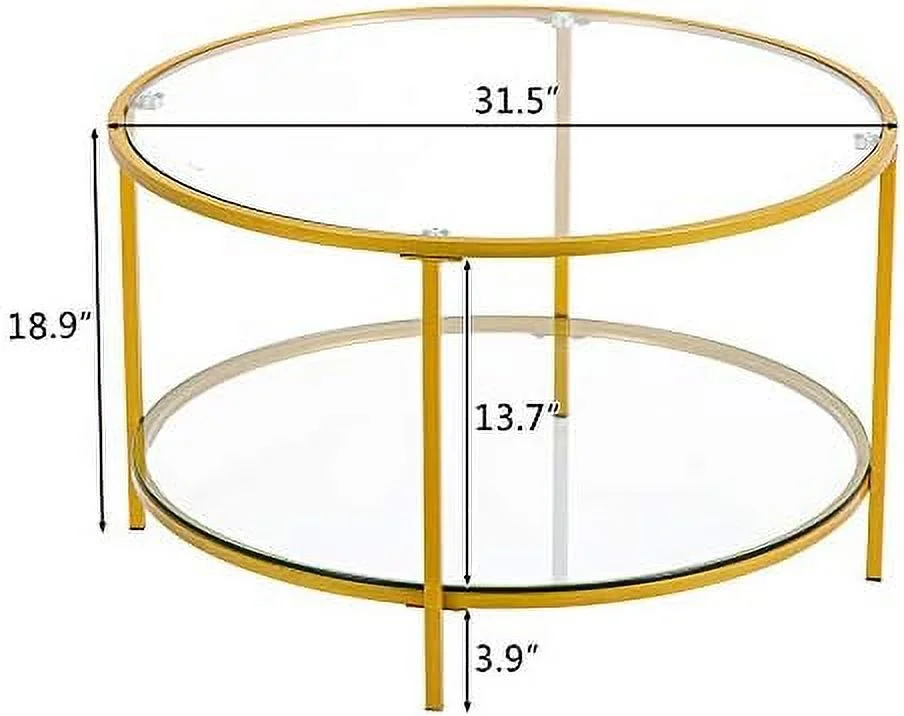 JDZHAPPYLIFE 31.5" Round Coffee Table with Open   2-Tier Temperred Glass Round Accent Coffee Table with Metal Frame  Mustard Gold