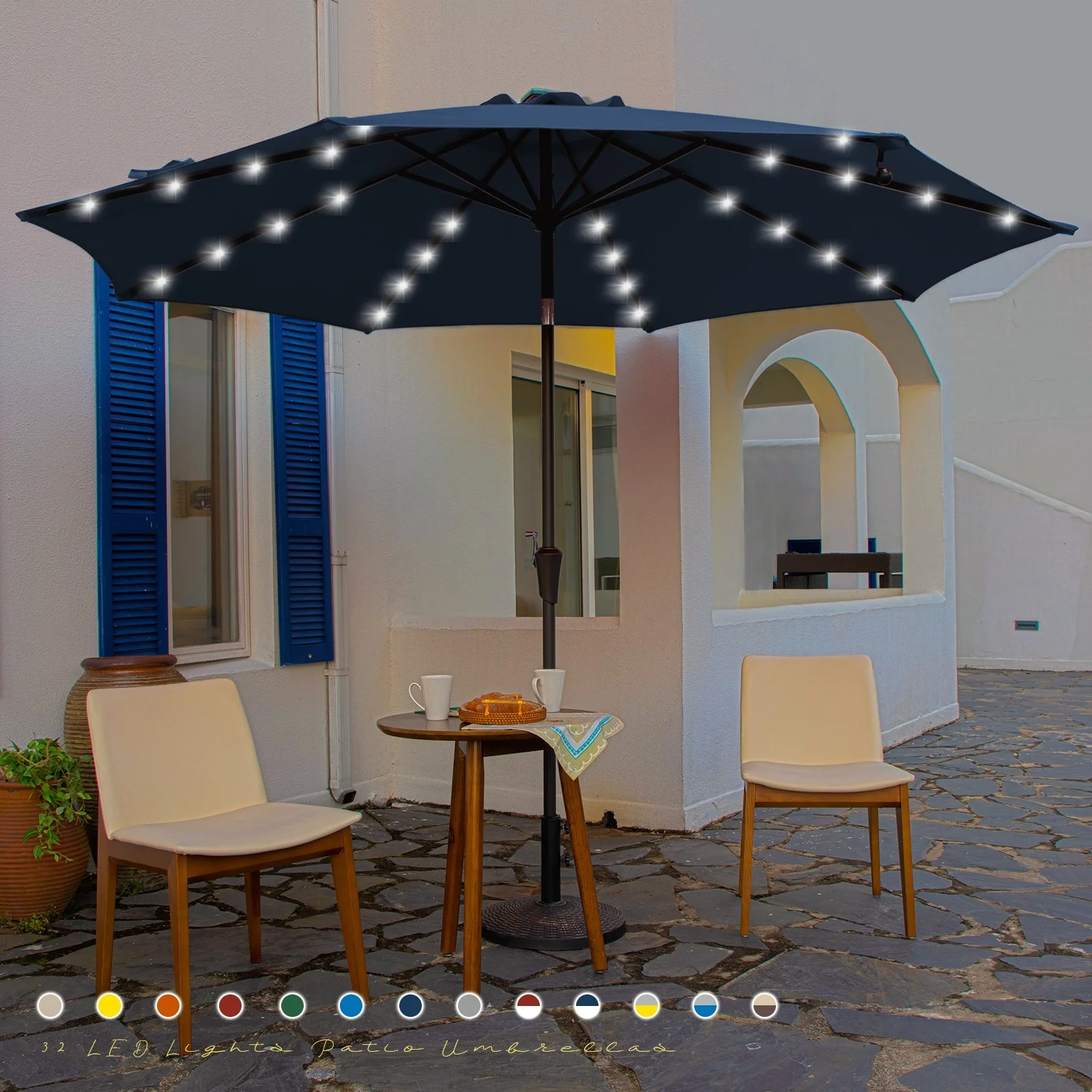 JUSTLET 9' Outdoor Patio Market Solar Umbrella w/ LED Lights, Navy Blue