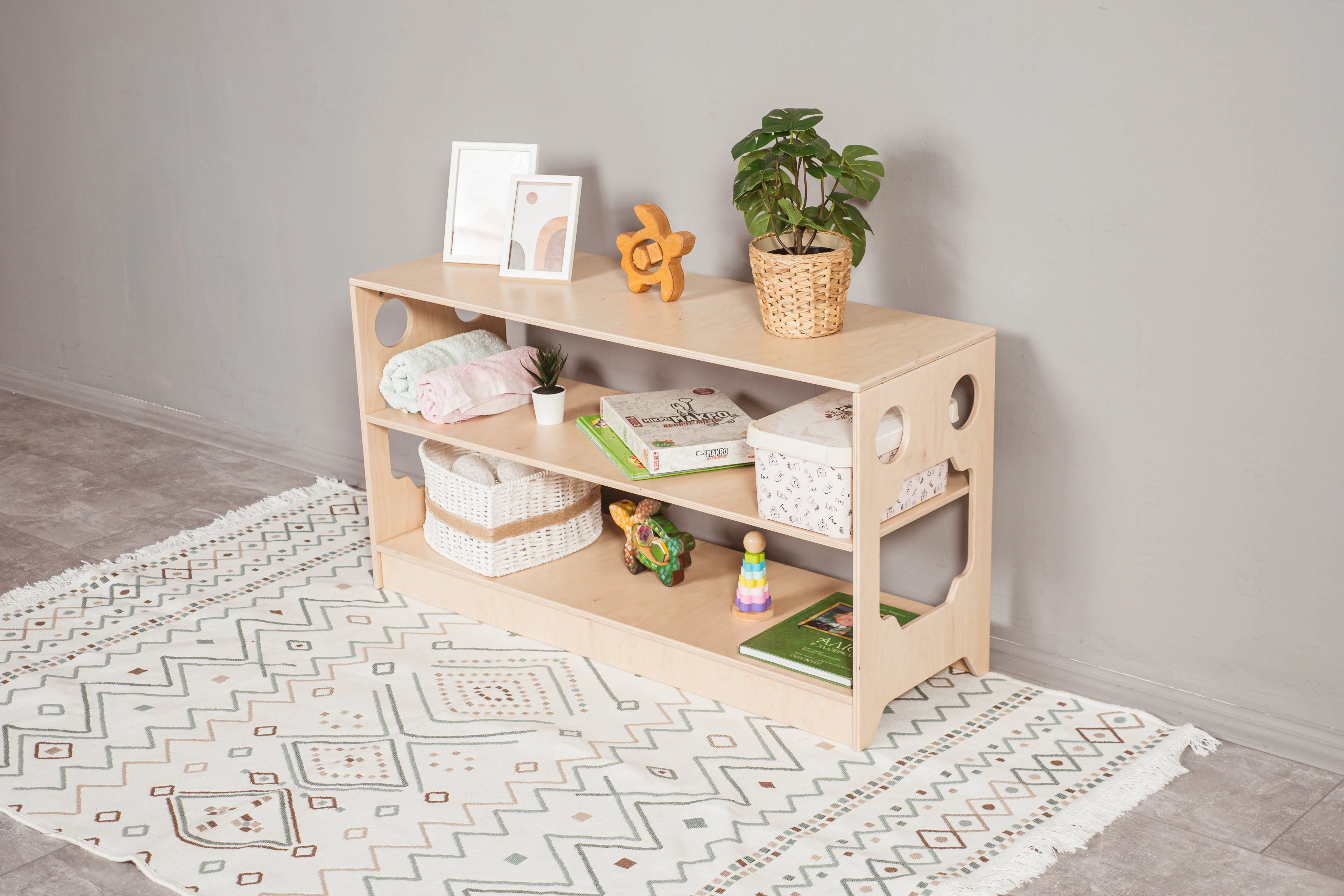 Woodandhearts Baby Book Shelves, Wooden Kids Bookshelf, Montessori 3 Tier Shelf, Wooden Floor Kids Organizer, Nursery Shelf for Storage for Kids 1-6 years