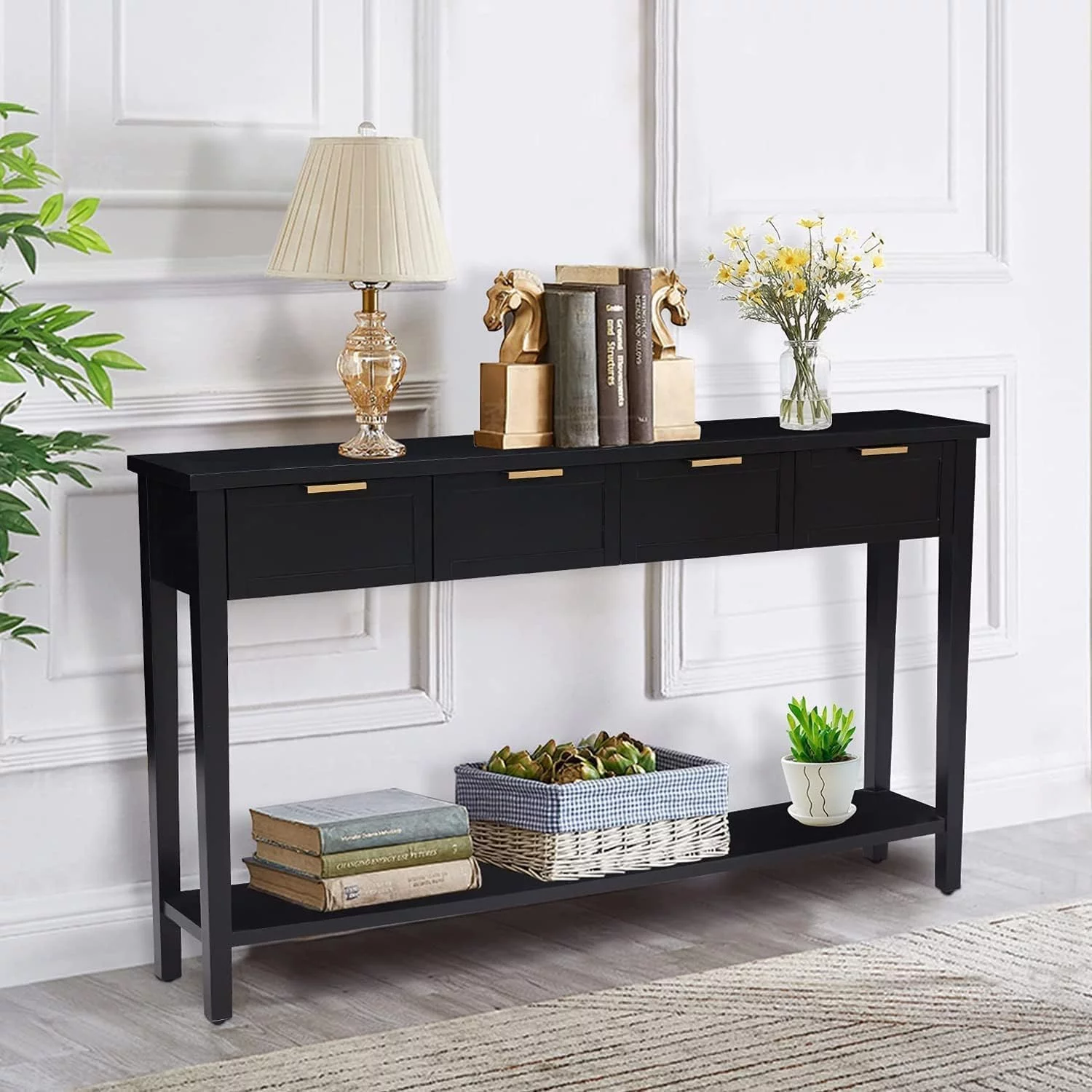 Long Console Table - 2-Tier Narrow Sofa Table with Open Shelf & 4 Drawers, Modern Narrow Console Table Entryway Table with Storage for Entryway Living Room Bedroom Kitchen, Black