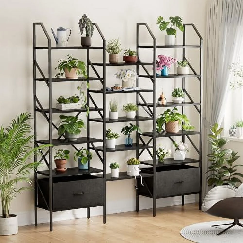 HVSDIMO Triple 6 Tier Bookshelf with Drawers  Wide Bookcase with 17 Open Display  Shelves  Large Book  Book Case for Home & Office (Black  6 Tier)