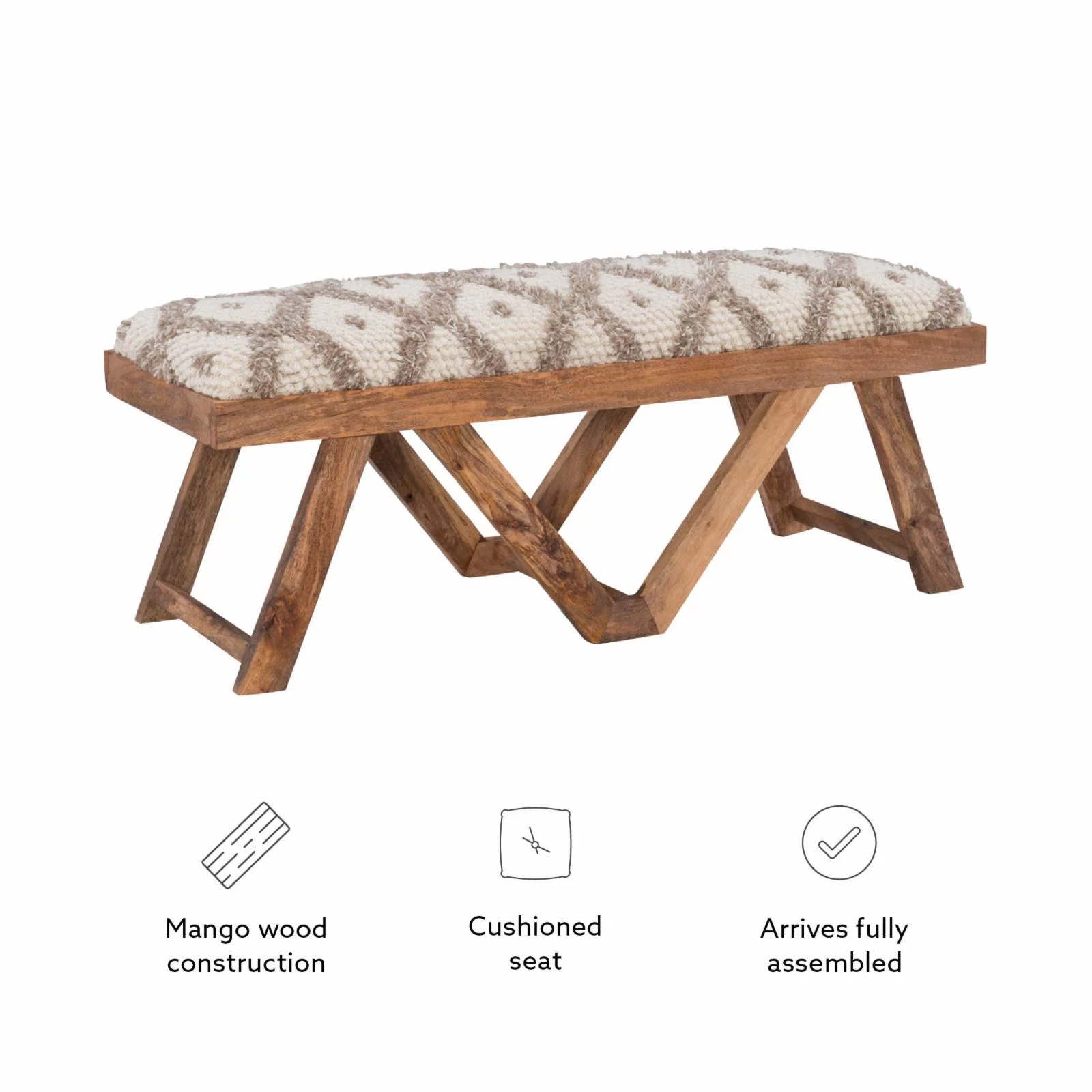 Powell Byan Bench - Brown with Off-White and Taupe Handwoven Diamond Pattern Fabric
