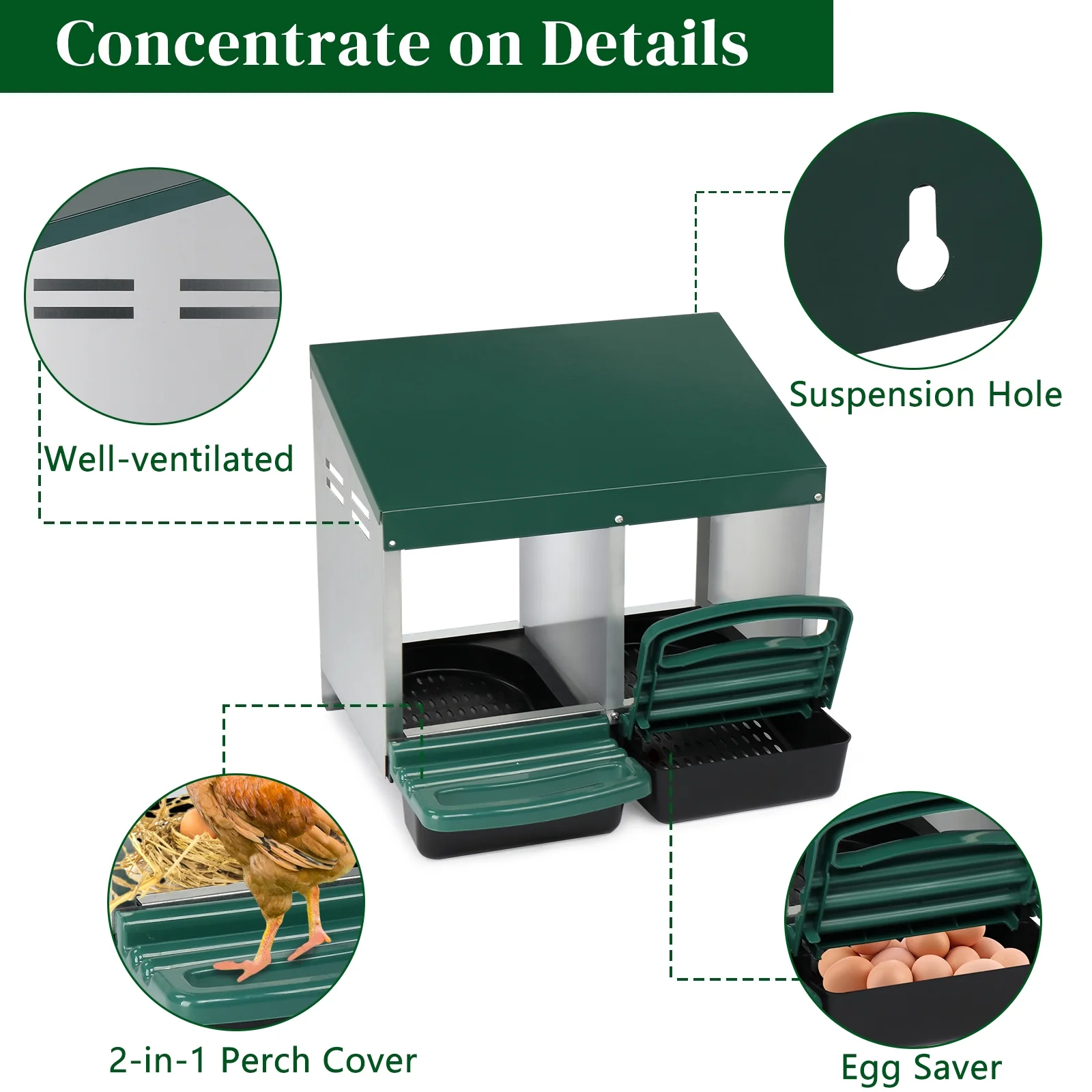 2 Compartment Roll Out Chicken Nesting Box with Plastic Basket, Easy Egg Collection, Durable Chicken Coop Solution, Green