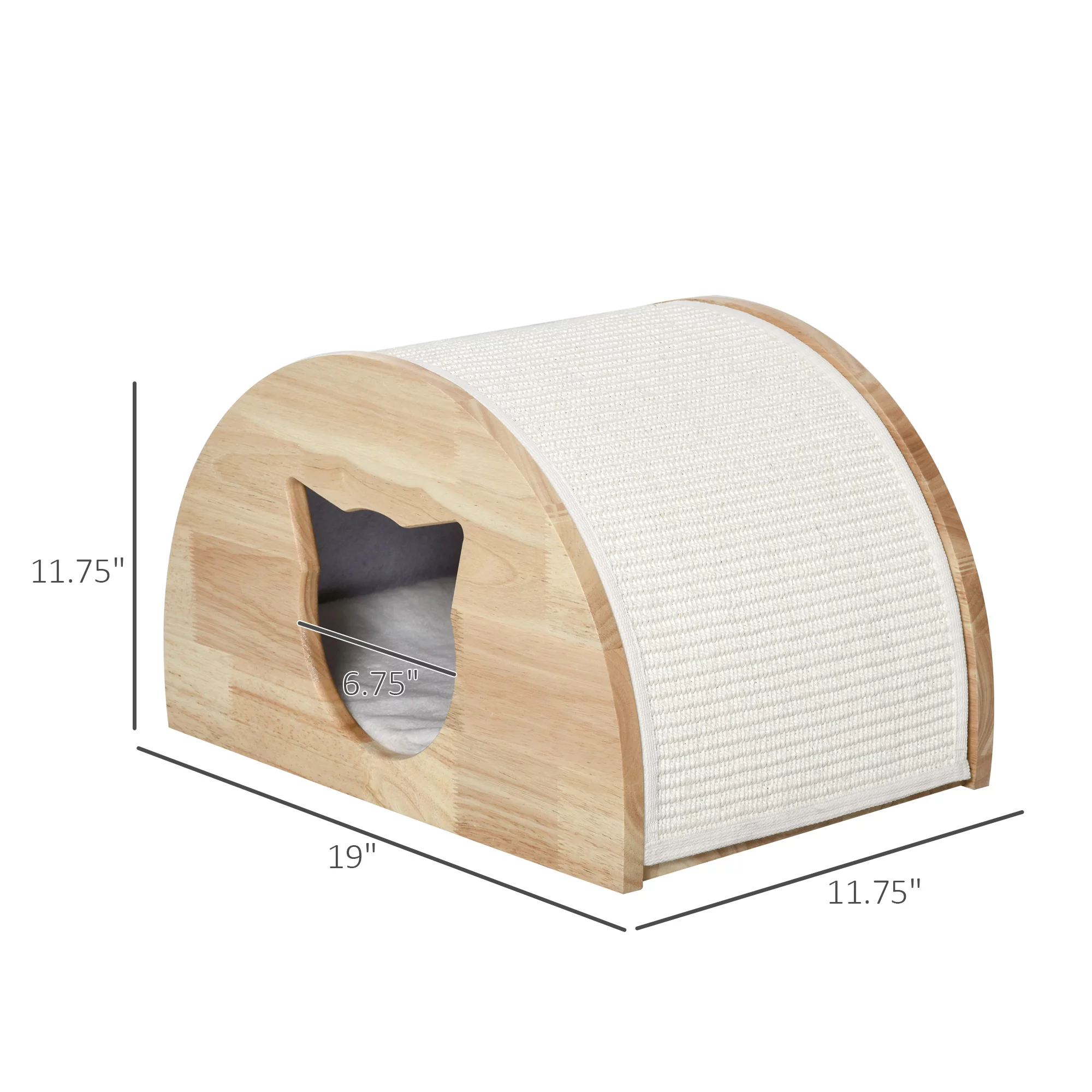 PawHut Wooden Cat House Shelter Bed w/ Sisal Carpet Soft Cushion Natural