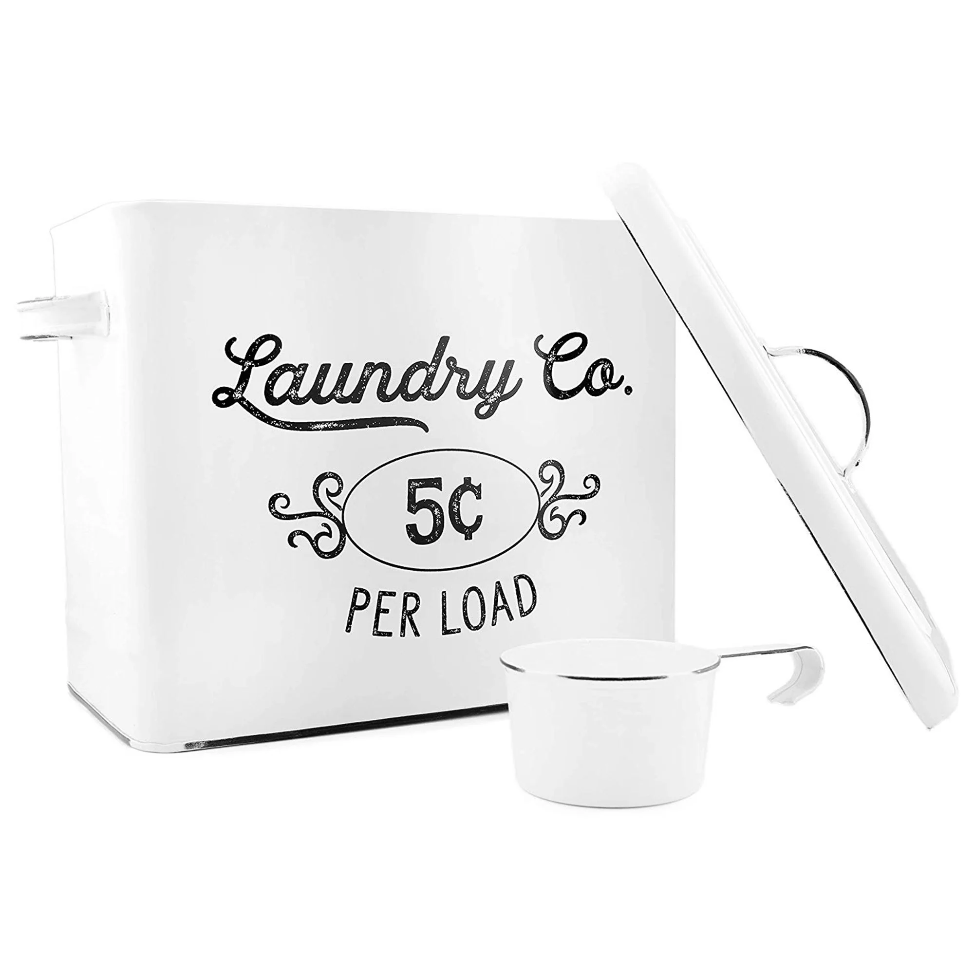 AuldHome Farmhouse Laundry Powder Container, White Enamelware Detergent Bin with Scoop