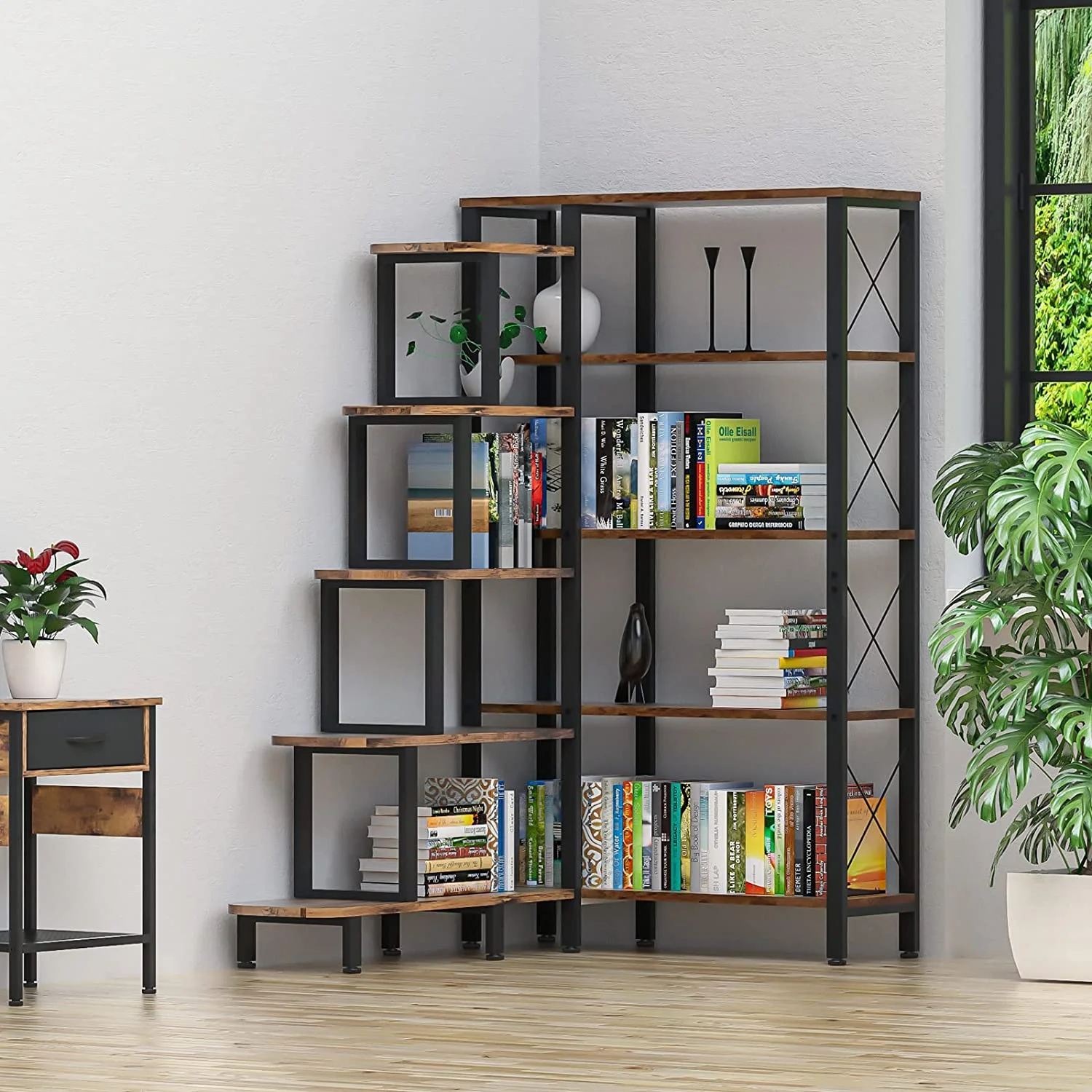 Large Corner Bookshelf Bookcase, Industrial Reversible 5 Tier Ladder Shelves Storage Display Rack with Metal Frame, Modern Home Office Furniture for Living Room Bedroom