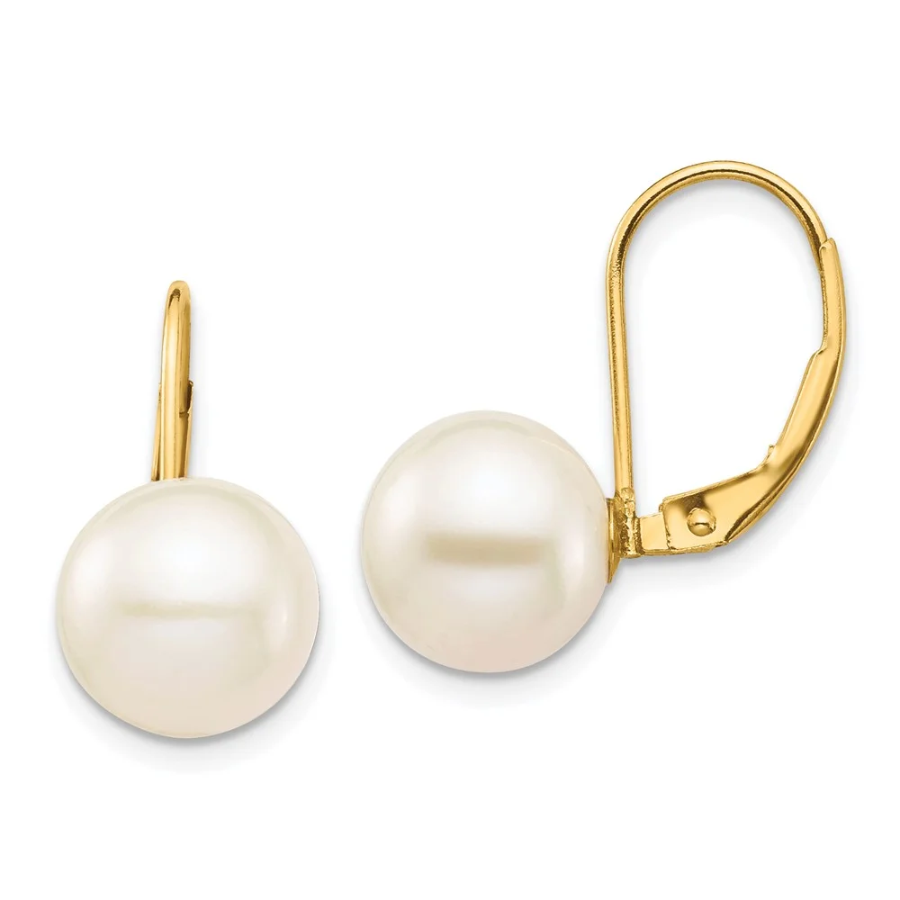 14k Gold 9-10mm White Round Freshwater Cultured Pearl Leverback Earrings