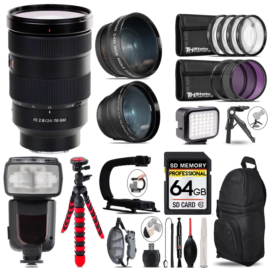 Sony FE 24-70mm f/2.8 GM Lens + LED Light + Tripod - 64GB Accessory Bundle