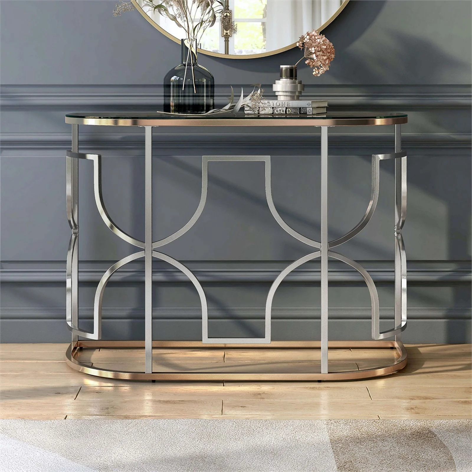 Furniture of America Sol Glam Glass Top Sofa Table in Chrome and Gold