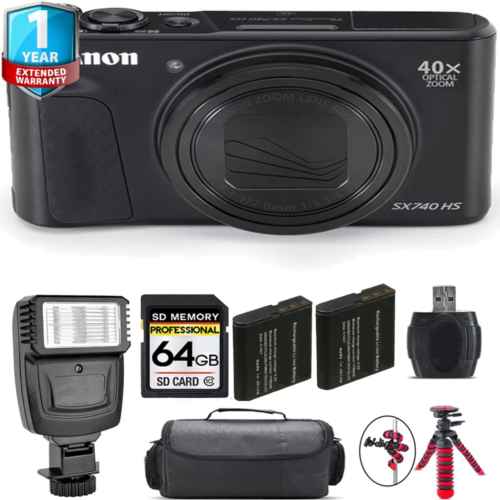 Canon PowerShot SX740 HS Digital Camera (Black) + 1 Yr Warranty + Flash - 64GB Kit