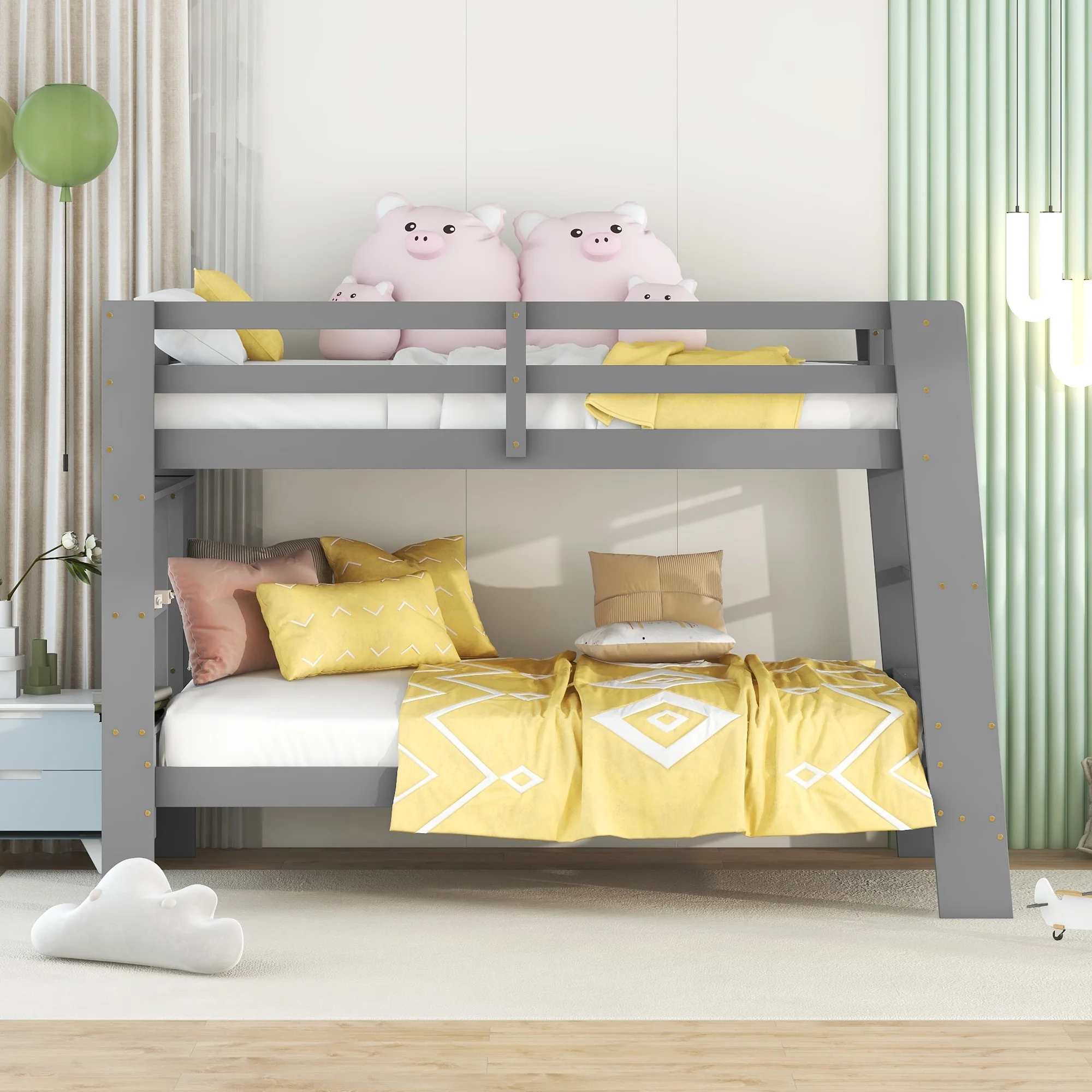 EUROCO Twin over Twin Bunk Bed with Storage Cabinets and Shelves, Gray