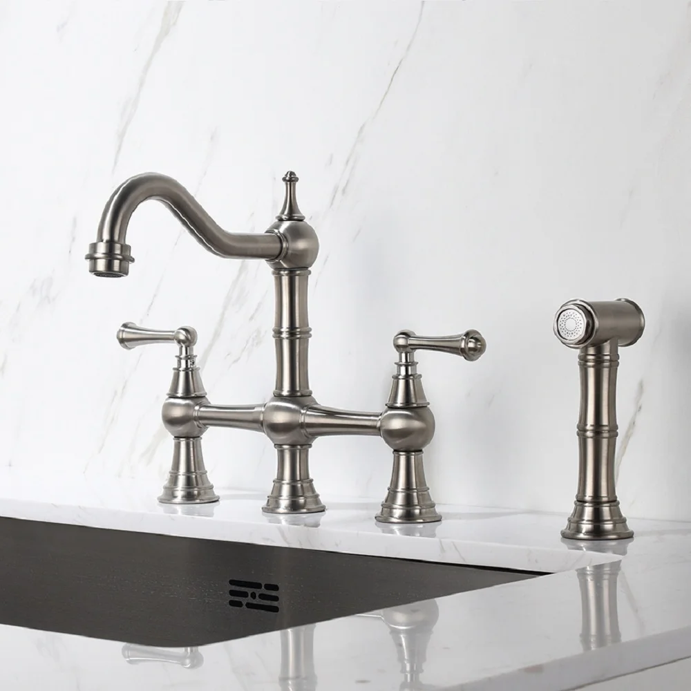 ZJbiubiuHome Bridge Dual Handles Kitchen Faucet With Pull-Out Side Spray in