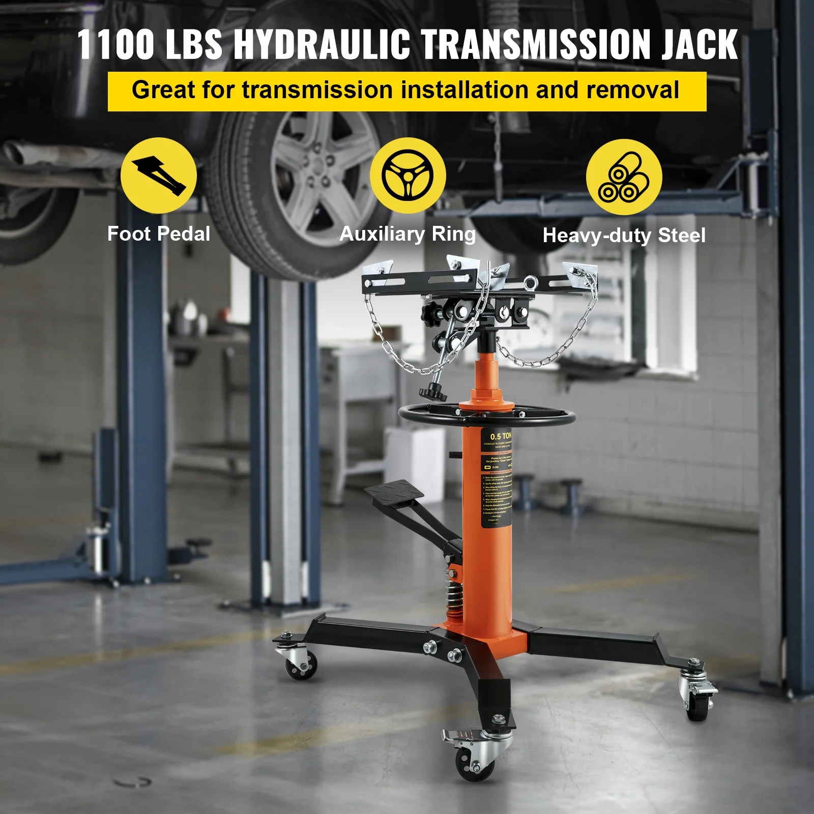 BENTISM Transmission Jack 1100 lbs 2-Stage Hydraulic High Lift Vertical Telescopic,Orange