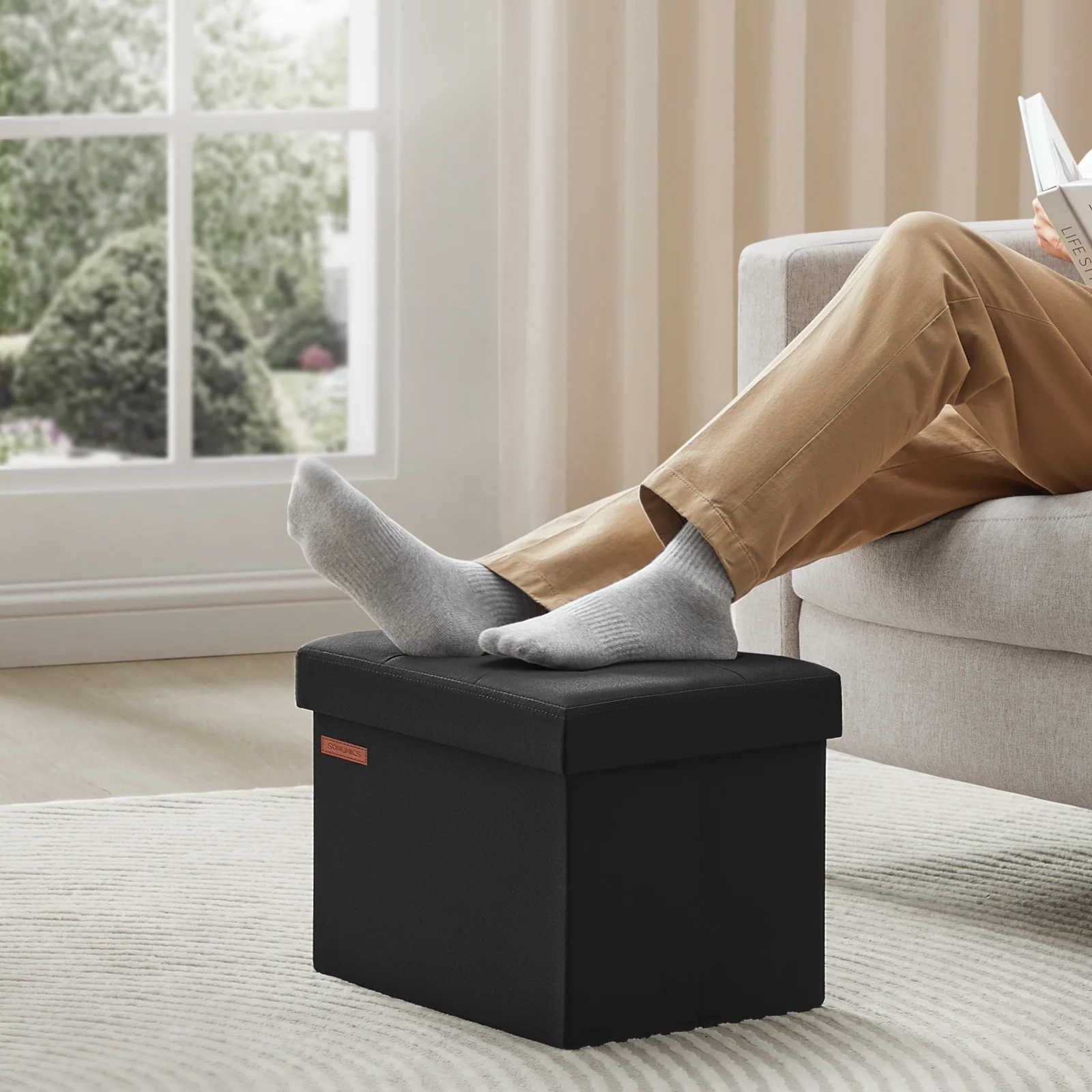 SONGMICS Storage Ottoman Storage Bench Footstool Folding Cube Footrest 286 lb Capacity for Entryway Living Room Bedroom Home Office Ink Black