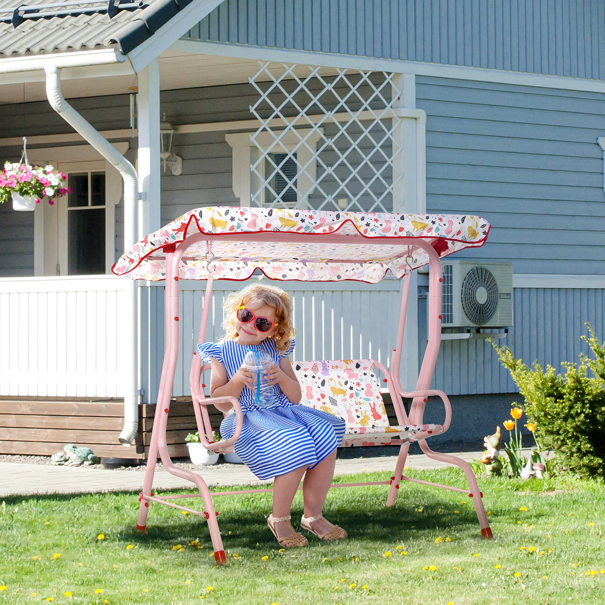 Outsunny Kids Porch Swing, Outdoor 2-Seat Patio Chair, Toddler Glider with Adjustable Canopy, Seat Belt for Garden Backyard Rabbit Pattern