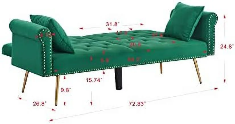 JDZHAPPYLIFE Modern Velvet 2 in 1 Futon Sofa Bed Convertible Folding Sleeper Bed Couches with 2 Pillows 73" Tufted Recliner Love Seat with Golden Chrome Legs for Living Room Apartment