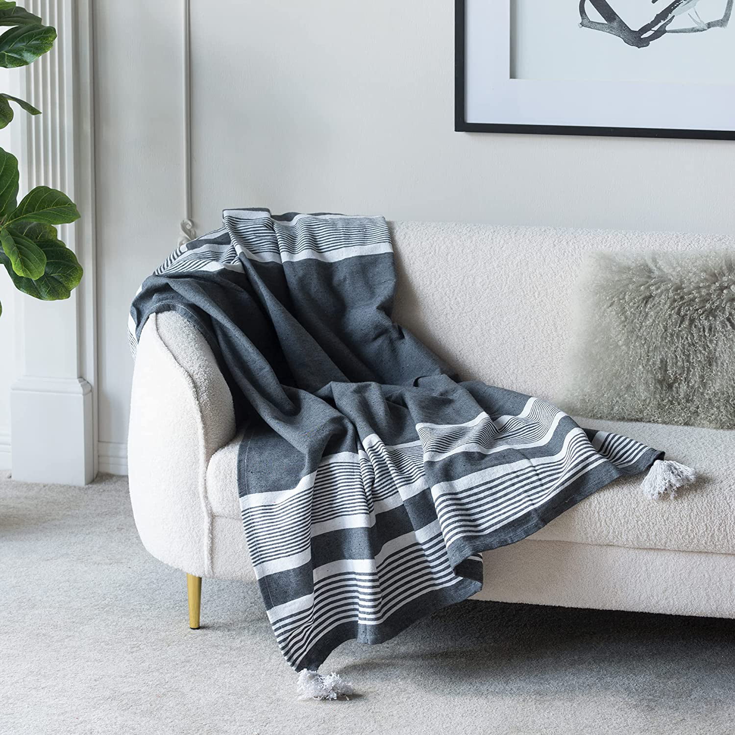 A&B Home Throw Blanket - Black and White Stripe Woven Cotton Blend Blanket, 50