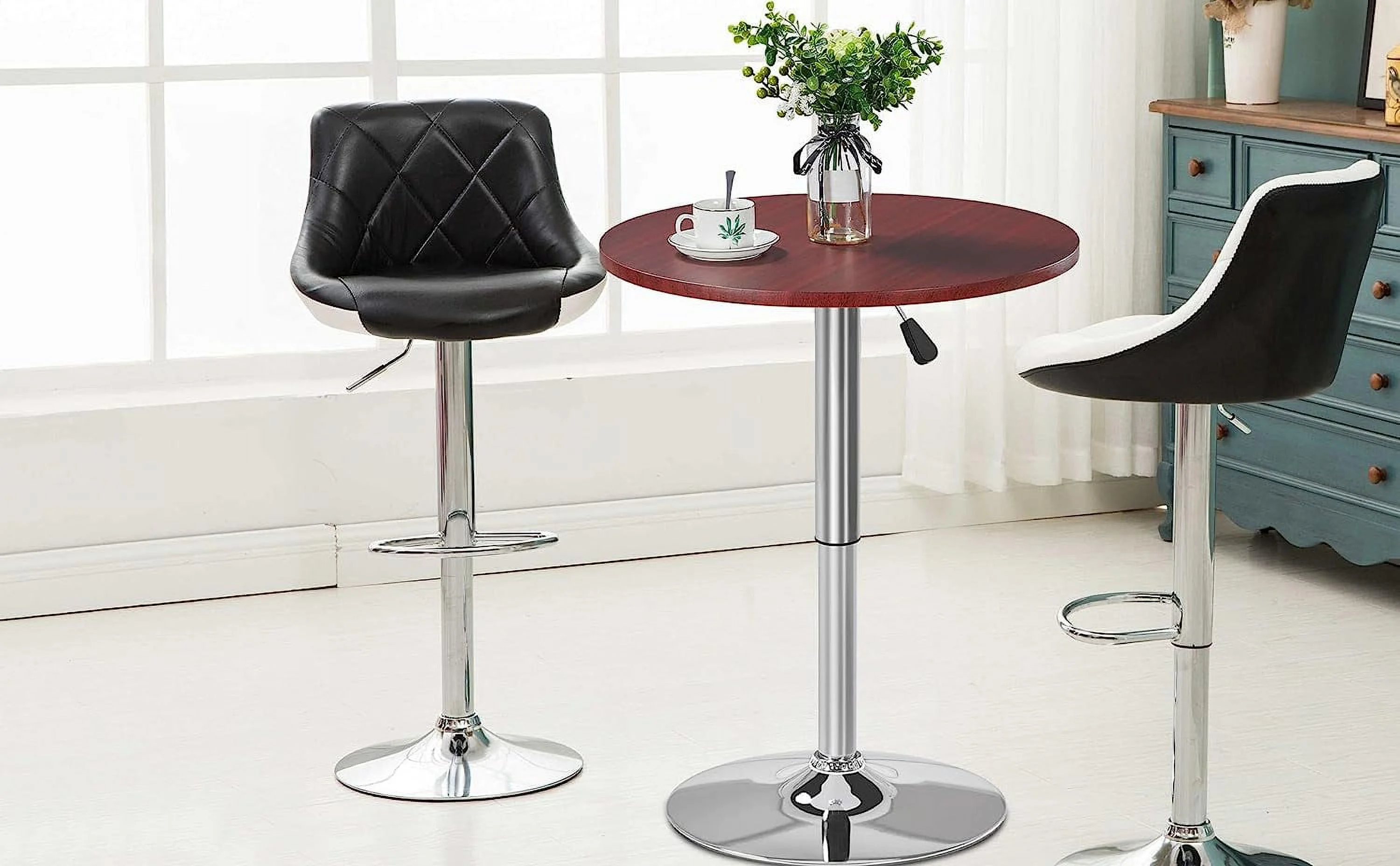 Height Adjustable Round Pub Table Counter Bar MDF Top Table 360 Degree Swivel Bar Tables Tall Cocktail Tables Bistro Table, Mahogany