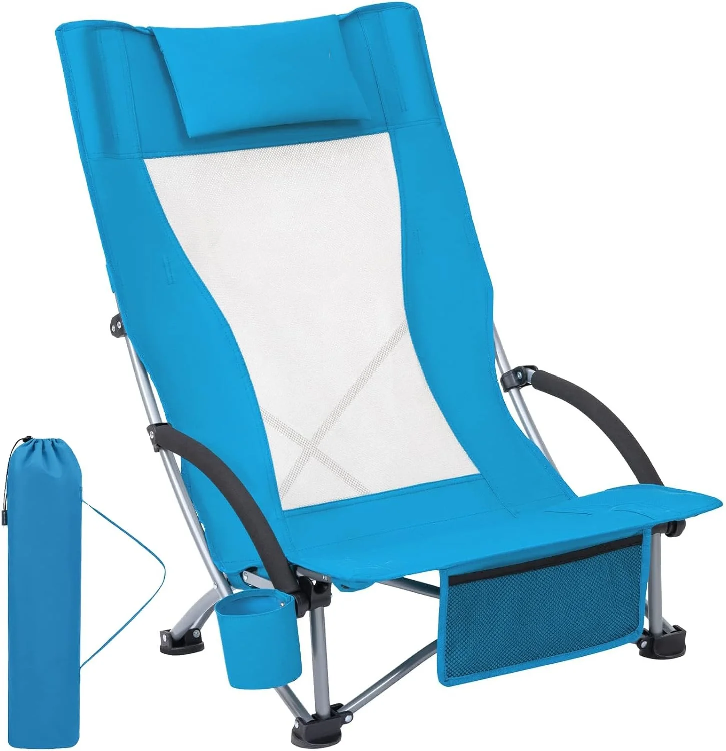 Folding Beach Chair High Back Lightweight Portable Backpack Chair with Headrest, Cup Holder for Camping Outdoor Sand Concert Lawn Festival Sports, Blue