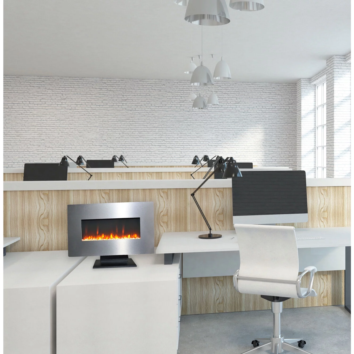 Cambridge 36 In. Electric Wall Mounted Fireplace Heater with Flame Crystal Rock Display, Adjustable Heat, Remote, in Stainless Steel Finish - CAM36WMEF-1SS