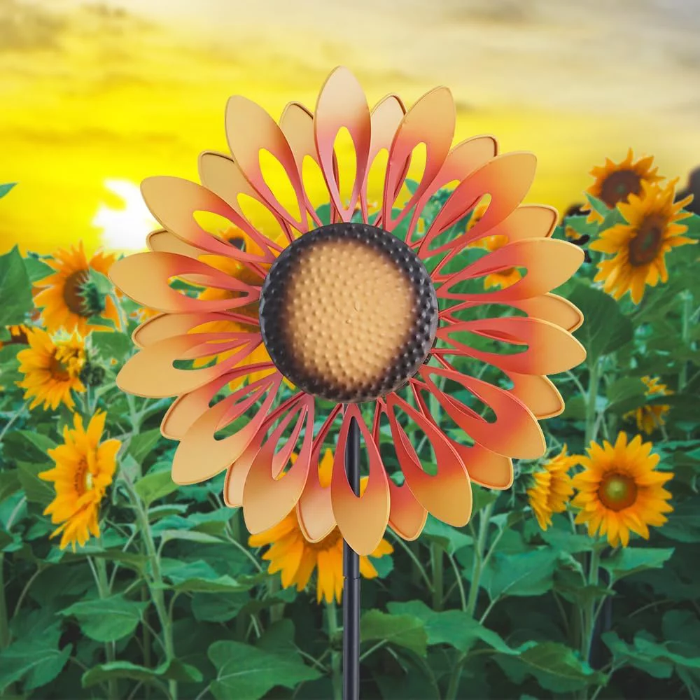 Sunflower Wind Spinners with Stable Stake Metal Garden Spinner, Unique Lawn Ornament Windmill for Outdoor Yard Lawn Garden Decorations (YZ-C012-1)