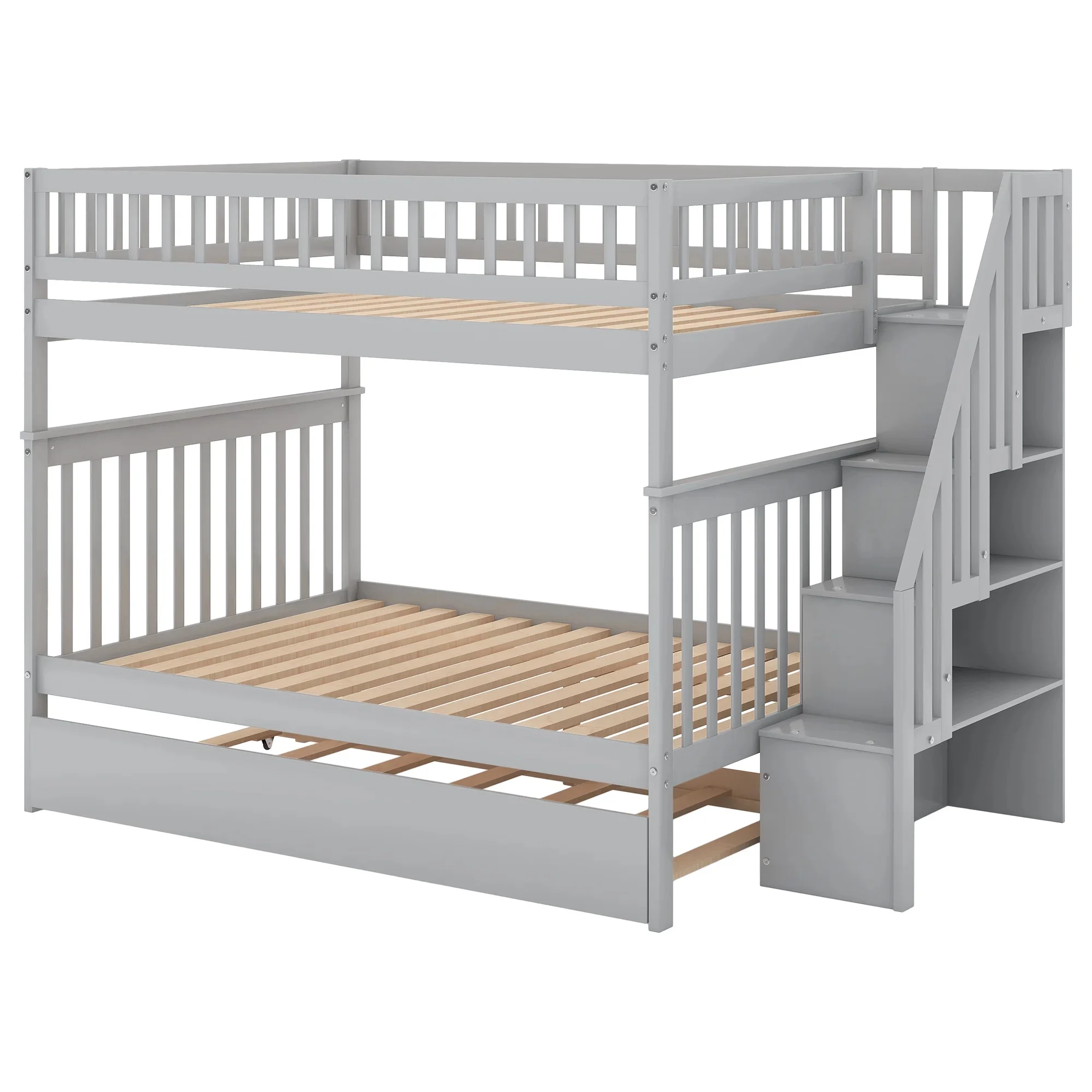 Living Pavilion Full over Full Bunk Bed with Trundle and Staircase,Pine wood MDF, Gray