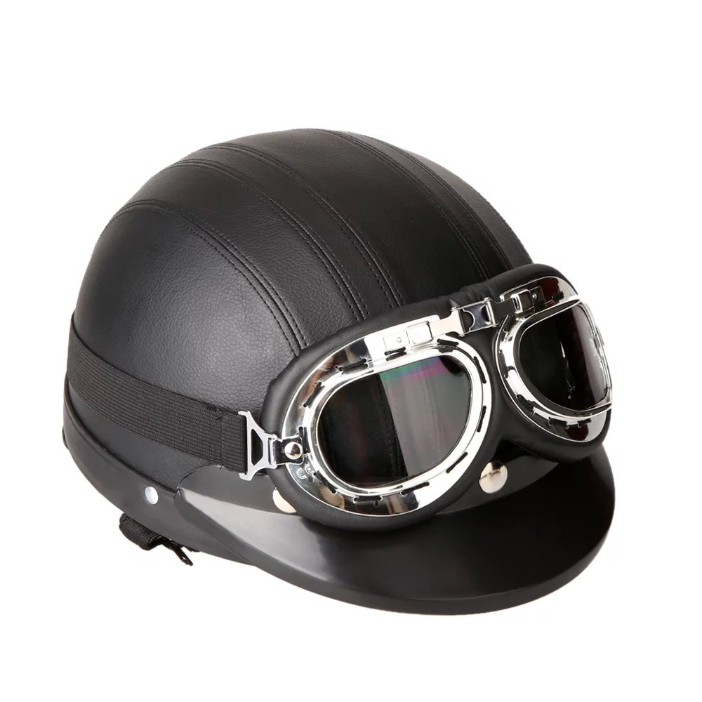 Motorcycle Scooter Open Face Half Leather Helmet with Visor Goggles Retro Vintage Style 54-60cm