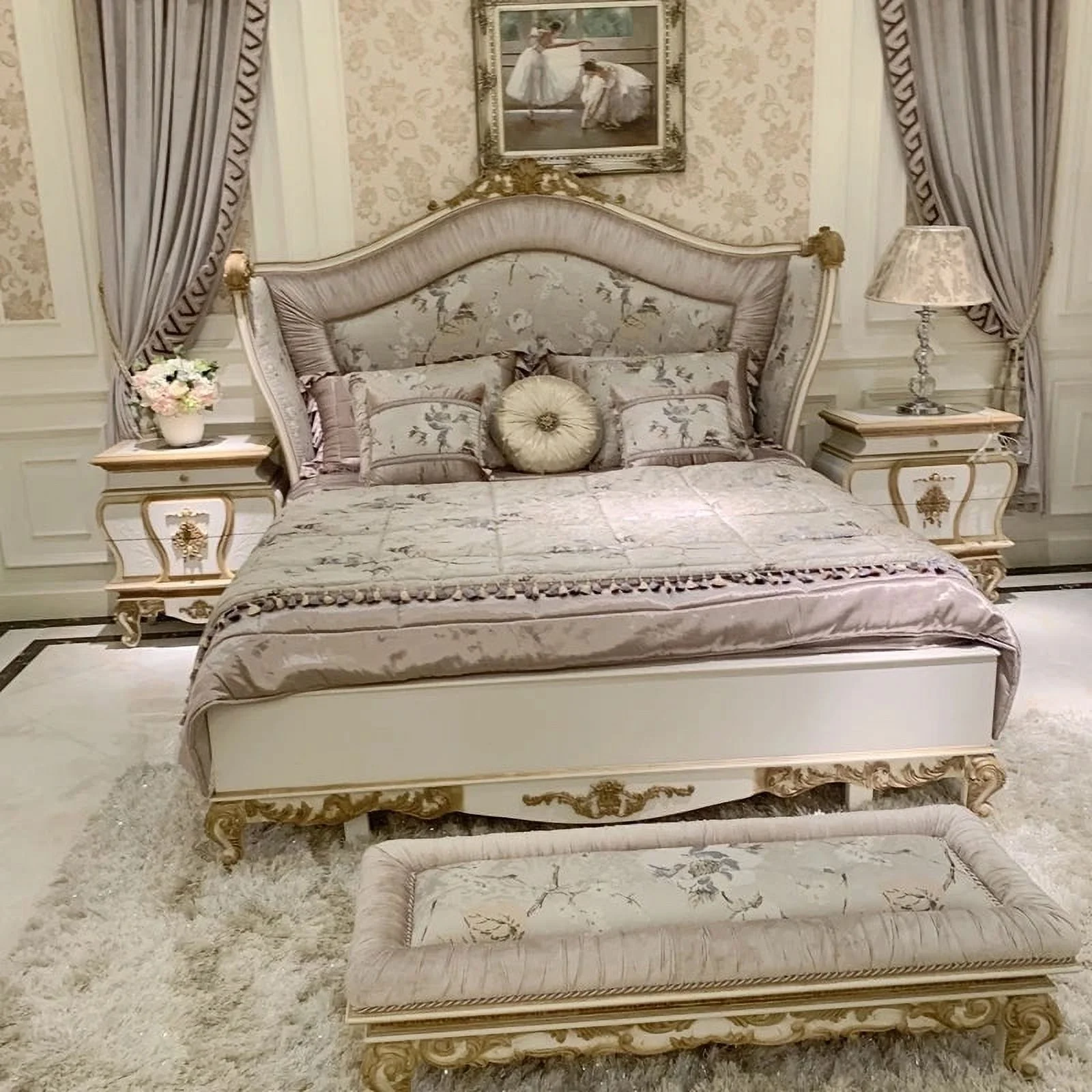 European-style Luxury Heavy Industry Carved Beech Wood Master Bedroom Double Bed White Light Purple