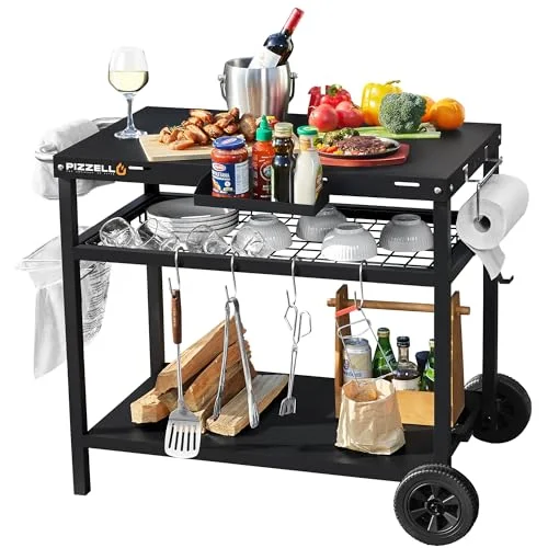Outdoor Grill Cart Three-Shelf Grill Table Movable BBQ Trolley Food Prep Carts Solid Steel Multifunctional Worktable Island with Two Wheels, Hooks, Black