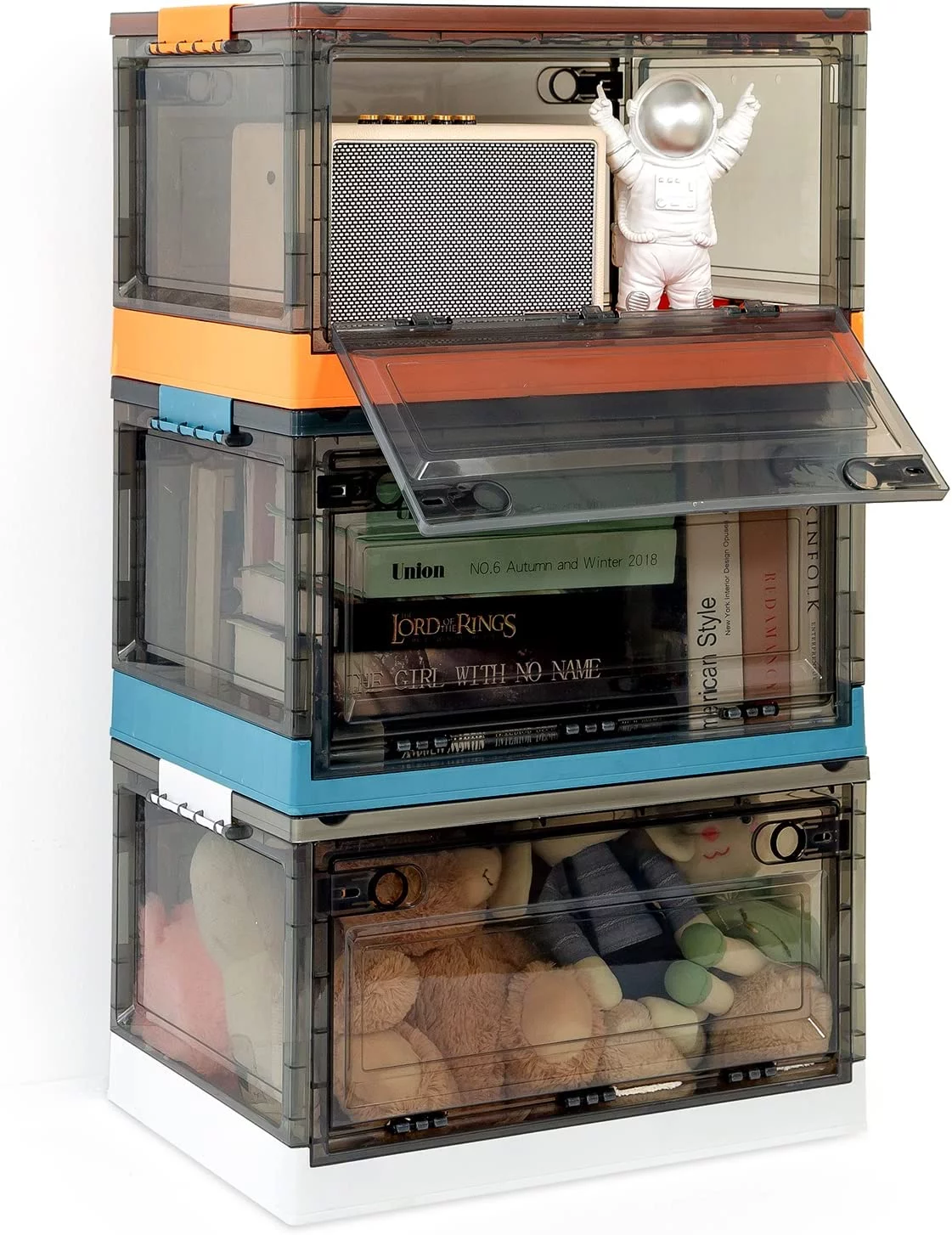 16 Gallon Storage Bins with Lids and Wheels Stackable Storage Containers 3 Pack Collapsible Storage Bins Plastic Closet Organizer Bins Foldable Storage Box with Doors Mulit Color