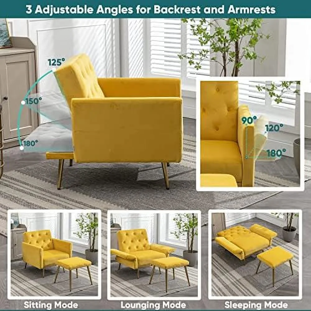 FDIGLUL Adjustable Accent Chair with Ottoman  Lounge Chair and Ottoman  Convertible Recliner Chaise Lounge  Mid Century Modern Armchair  Sofa Chair for Living Room Bedroom (Mustard Velvet