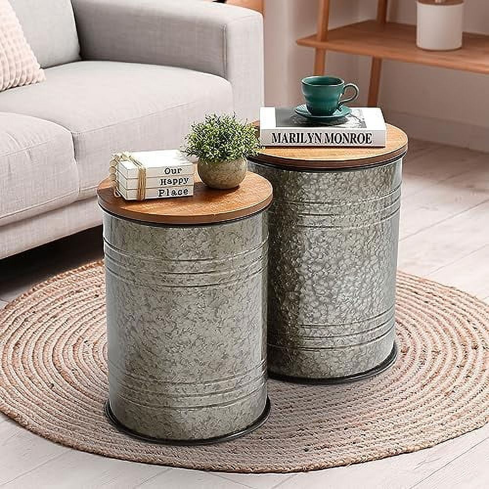 ZFGSUIJN Farmhouse  End    Rustic Ottoman Seat Stool  Barrel Metal  Coffee  with Round Wooden Lid  Room  Outdoor Patio Nesting End Tables (Black)