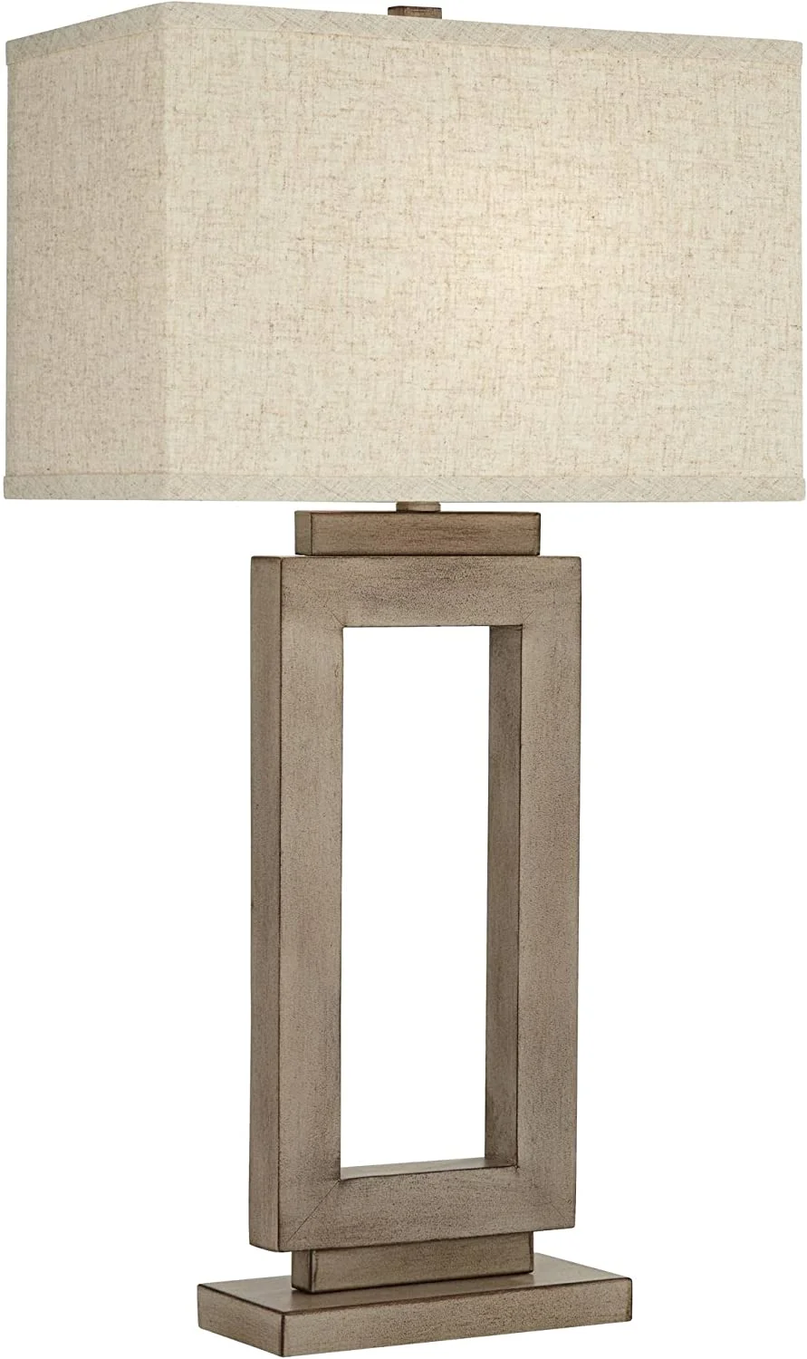 HBBOOMLIFE Lighting Nigel Rustic Farmhouse Table Lamp 30" Tall Sand Metal Open Window Oatmeal Fabric Rectangular Shade for Bedroom Living Room House Home Bedside Nightstand Office Fam