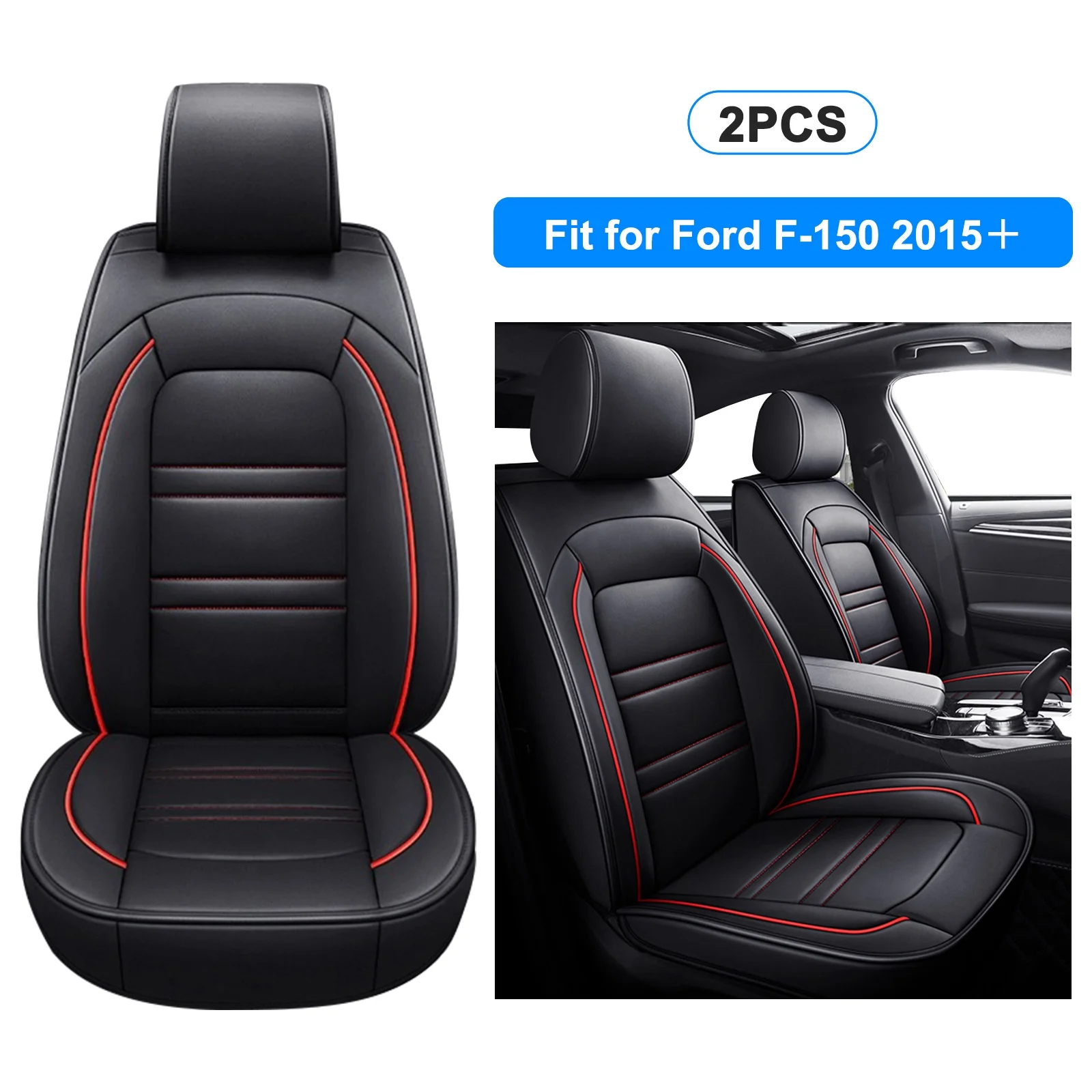 Car Seat Covers 2pcs Front Seats Fit For 2015-2024 Ford F150 Platinum Crew Cab Faux Leather Cushion Black&Red Line