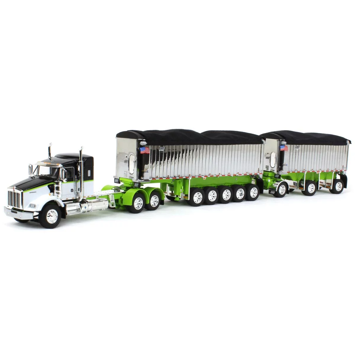 First Gear 1/64 Lime/Chrome Kenworth T800 w/ Chrome East Genesis II End Dump Trailers, DCP, 60-1573