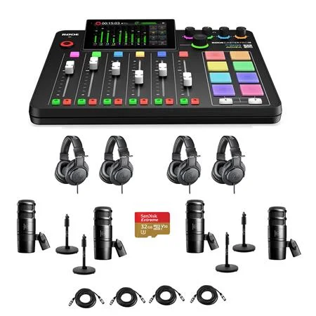 RODECaster Pro II Integrated Audio Production Studio Console Bundle with 4x AT2040 Mic, 4x ATH-M20x Headphones, 4x Mic Stand, 4x M to F XLR Cable, 32GB microSD Card