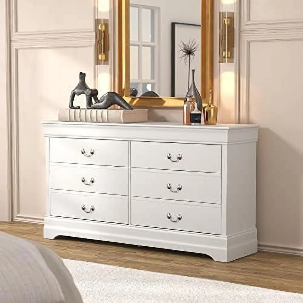 JYHOME Ireton 6 Drawer Dresser Wide Dressers for Bedroom 6 Deep Drawers for Closet Organizer Tool-Less Ultra Fast Assembly 15.75" D x 58.23" W x 31.97" H White