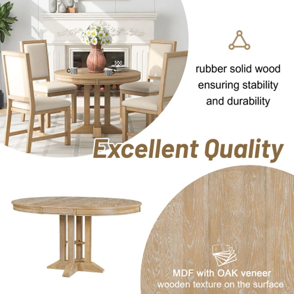 Farmhouse Dining Table Extendable Round Table - Natural Wood Wash